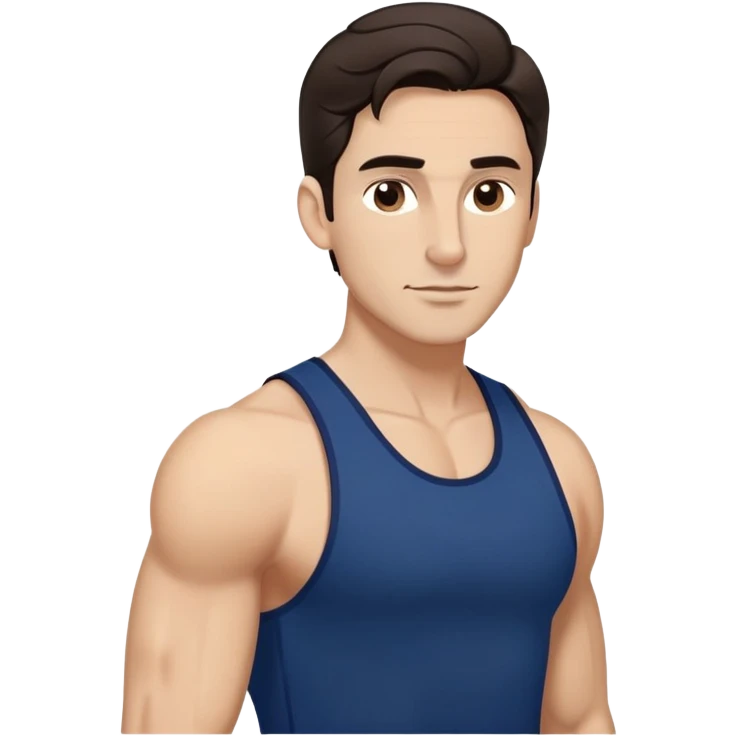 Fit man in his early 40s with light brown complexion. Elongated face with strong jawline. Attractive features with medium dark eyes and arched eyebrows. Straight nose. Confident expression. Medium-length wavy dark hair styled modernly. Wearing a dark blue athletic tank top. emoji