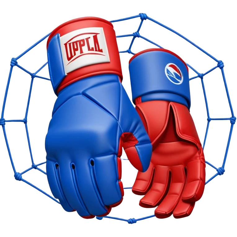 An MMA cage glove, half red and half blue, symbolizing both fighters, surrounded by a simplified octagon shape, dynamic energy lines, minimal and sharp design emoji