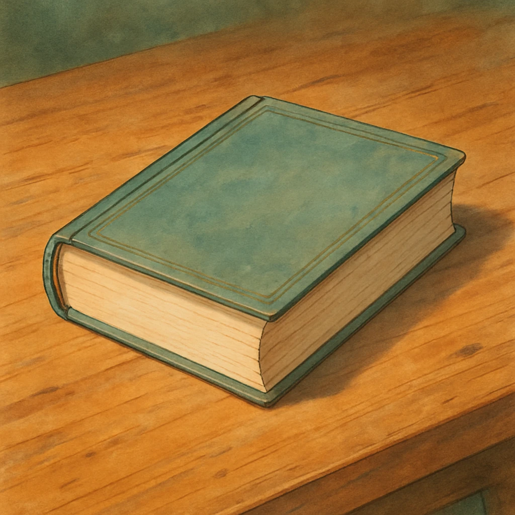 realistic ghibli style illustration of a book on a wooden table emoji