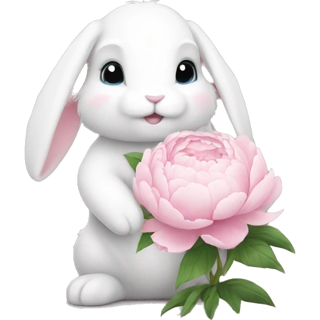 cute white bunny holding light pink peonies emoji