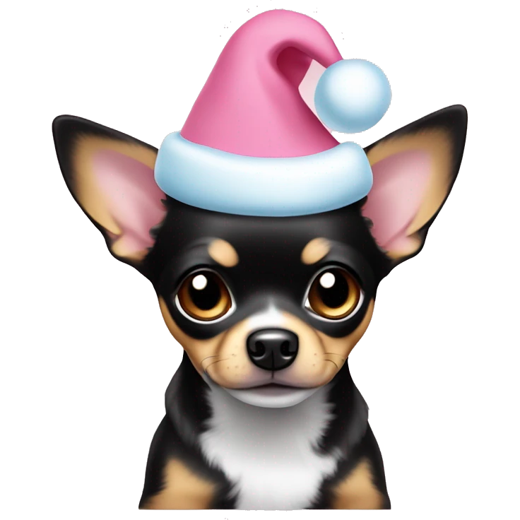 black & tan chihuahua puppy full body light blue eyes pink christmas hat on emoji