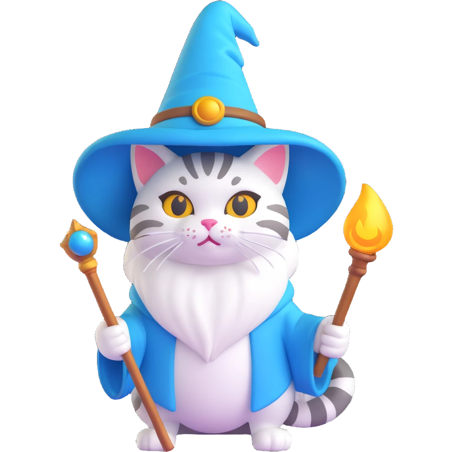 a wizard cat with a magic staff, 3D emoji style emoji