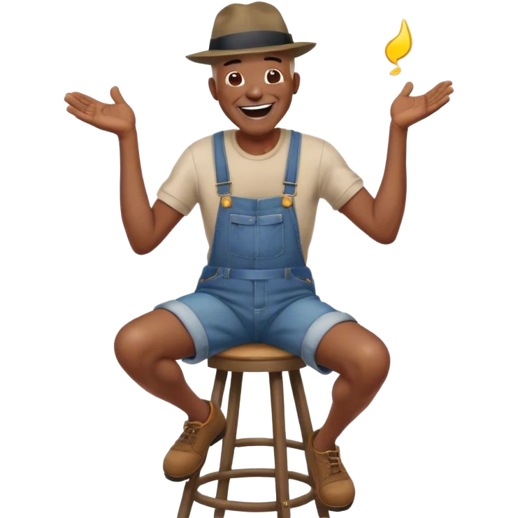 Side view Laughing telling story very Old bald black man sitting on stool wearing overalls and no shirt. he has a fedora on his head emoji