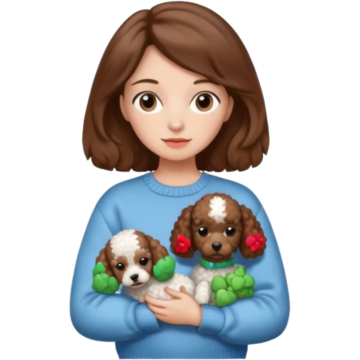 A girl with brown hair in an aestheic jumper holding a poodle emoji