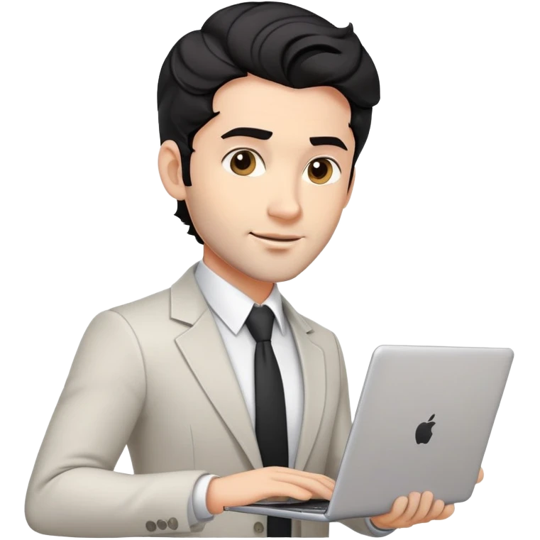 Professional 35-year-old man with black wavy hair, stubble, strong jawline, white skin tone, wearing smart casual business attire, holding a laptop, with a confident approachable expression emoji