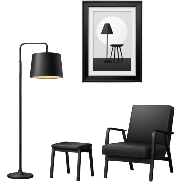 Minimalistic flat vector icon, iOS style, thin black contour on white background. Floor lamp and chair next to a framed picture on wall. Clean, no text, no shadows emoji