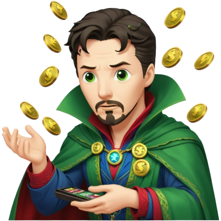 disheveled Doctor Strange losing money at a slot machine, panicked face, coins flying emoji