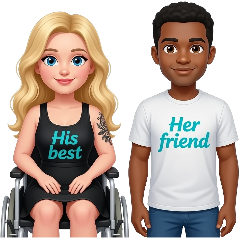 Plus size Blonde girl in wheelchair with blue eyes with black tattoos on right lower arm wearing a black summer dress with saying “ His best” written in teal writing and African American man with black hair with brown eyes NO facial hair with saying “Her friend“ on his shirt emoji