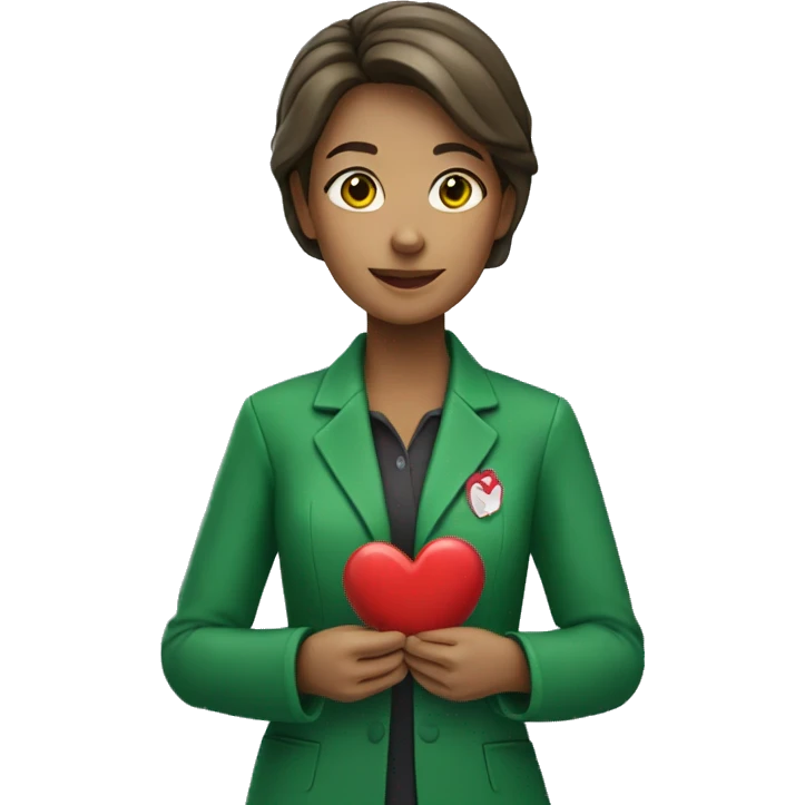 A European female teacher in a green jacket holds a heart in her hands emoji