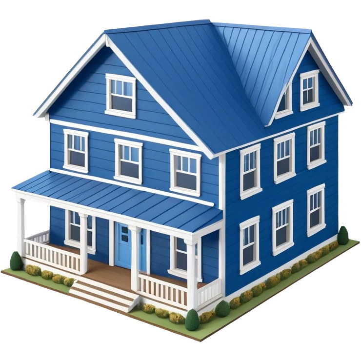 Blue and white farmhouse exterior, isometric dollhouse-style, highly detailed  emoji