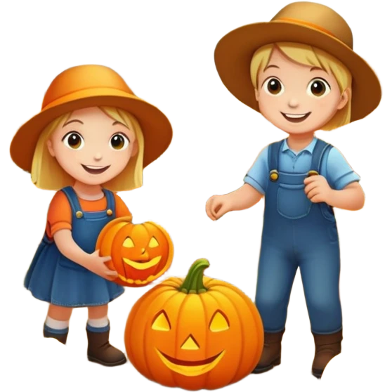 children picking pumpkins in a pumpkin patch, orange leaves, happy faces emoji