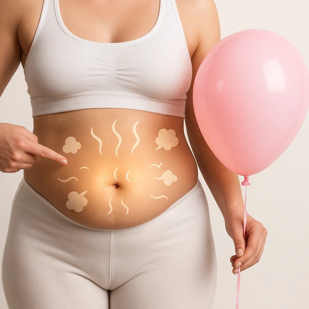 Realistic style edit of the woman identical to the photo with a protruding abdomen. Include symbols of bloating such as curved lines, small clouds, or a glow around the abdomen area. emoji