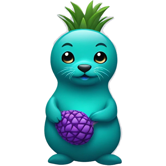 teal seal that is teal holding a purple pineapple that is purple emoji