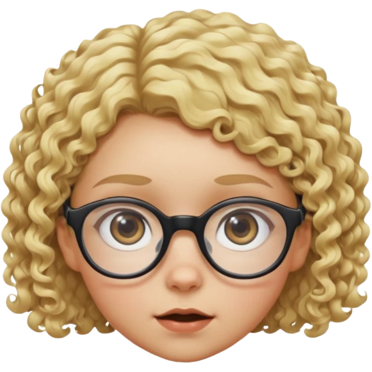 Une fille à lunette, avec des yeux bichromatiques au cheveux très courts et bouclés blondes, de la taille d'un nain, que l'on voit en contre plongée en très grand plan de façon drôle  emoji