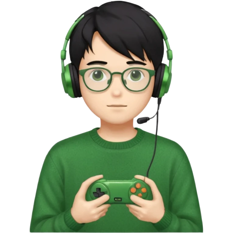 
gamer, Gorgeous green sweater black hair anime style shojo guy glasses, headphone, gamepad emoji