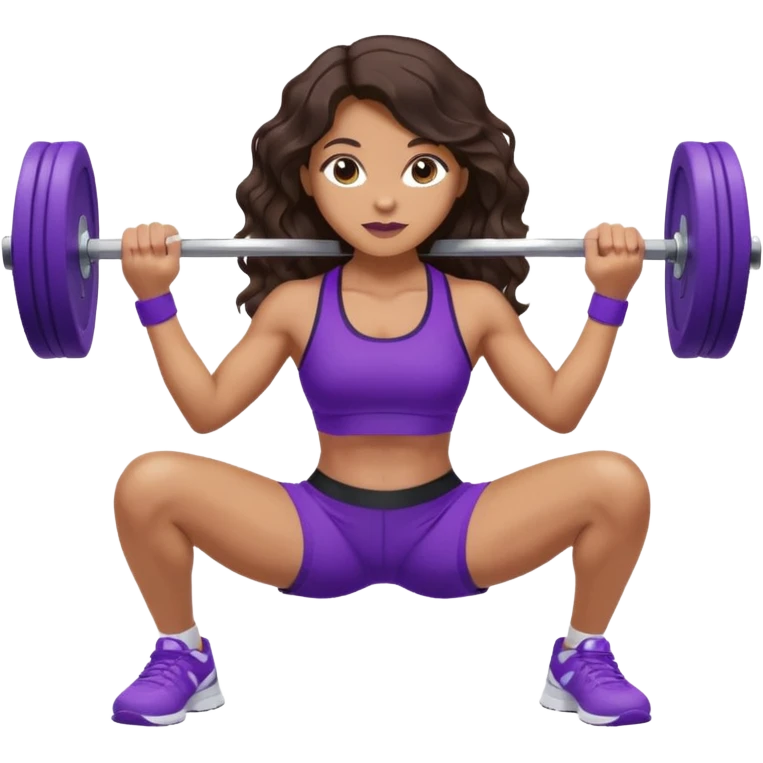 mujer de tez trigueña, con cabello castaño oscuro ondulado con pequeñas ondas, con el cabello super largo hasta las rodillas estilizado, con ropa deportiva morada/lila, tenis blancos deportivos y levantando una pesa emoji