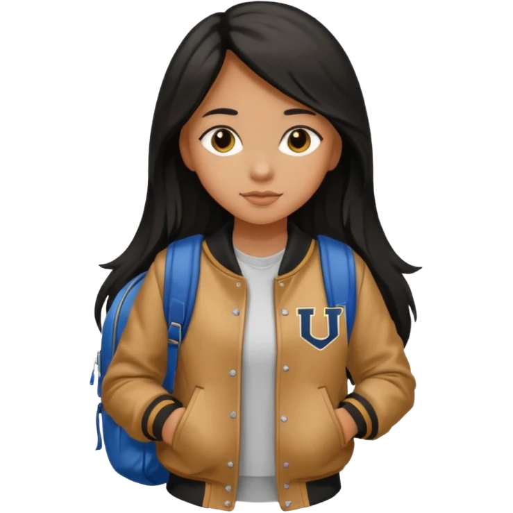walk black long hair girl at university without backpack with varsity jacket emoji