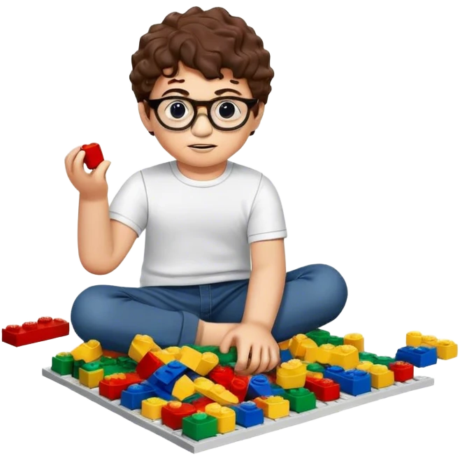 A young boy with short curly brown hair, round glasses, and a light complexion, playing with LEGO bricks on the floor. emoji