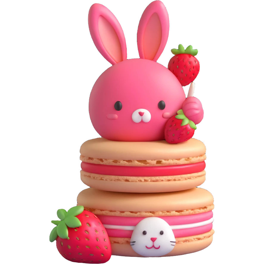 A 3D macaron with a strawberry on top and a bunny peeking out, monochromatic colors emoji