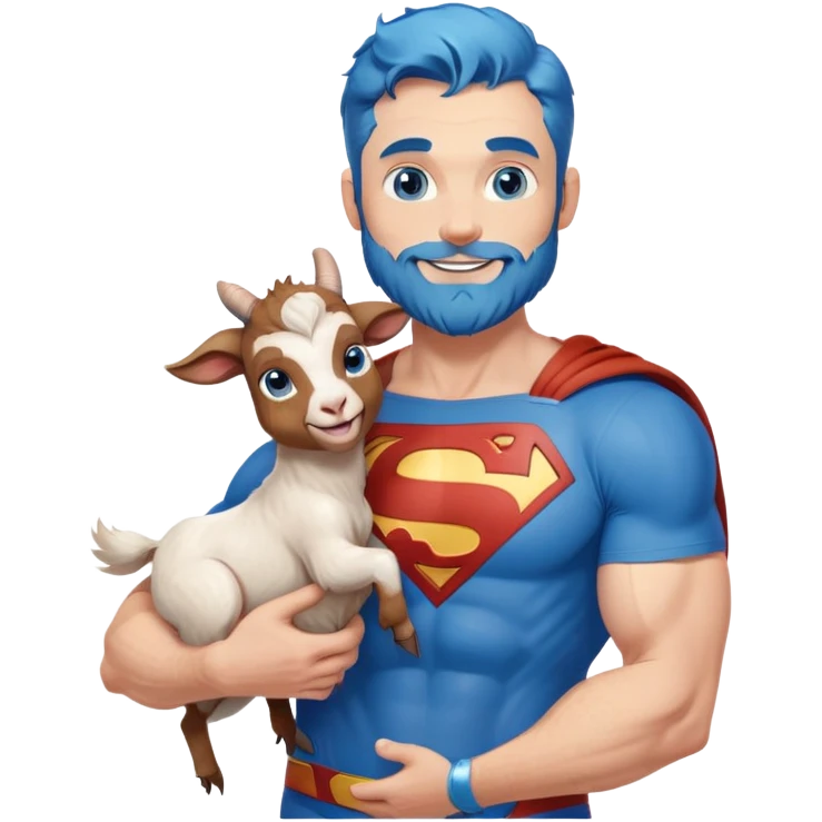 Full body Adult size Superman Blue Eyes Scruffy Redish and light Brown trimmed Beard Muscle happy holding a blue haired happy baby goat emoji