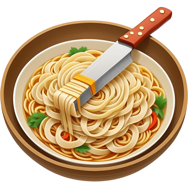 Shanxi knife-cut noodles with irregular thick shape being sliced, simplified emoji style with bold outlines and bright colors, cartoon style traditional Dao Xiao Mian emoji