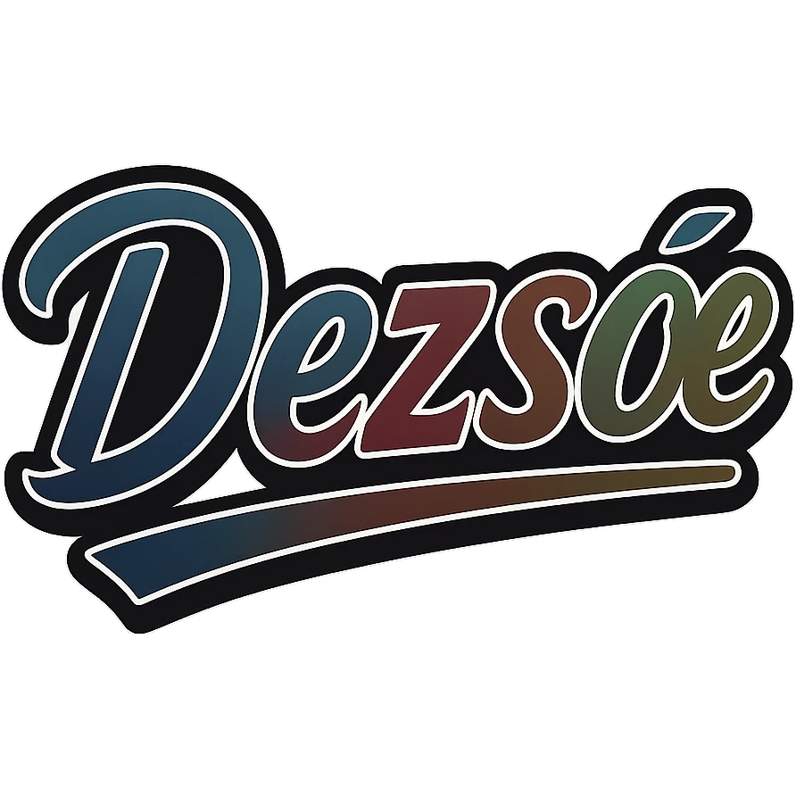 Dezső name in masculine, modern gradient font with dark contour, prominent and clearly visible white border like the sample image, dynamic slanted underline, masculine color shades (blue, gray, burgundy, green, brown), 1000x1000 px, PNG, transparent background, in the style of the uploaded Dezső sample, with an alternative solution if the long ő letter is not available. emoji