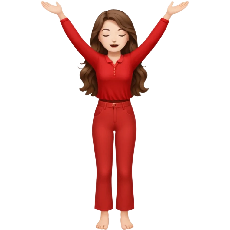 crie uma menina branca com cabelos castanhos longos ondulados, uma roupa de calça e blusa de manga curta na cor vermelho, com braços juntos para cima, olhos fechados e perna levantada. a manga é curta mostra os braços emoji