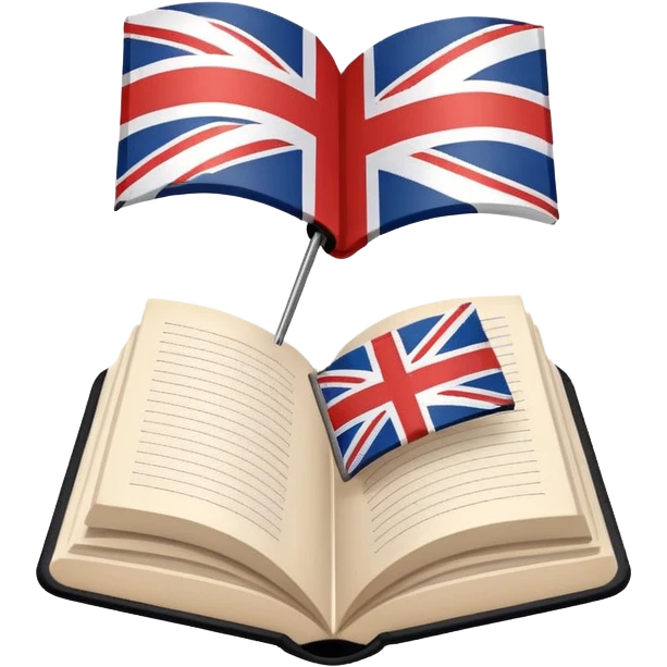 Minimalistic flat vector icon, iOS style, thin black contour on white background. Open book with a small UK/USA flag symbol. No text, no shadows. emoji