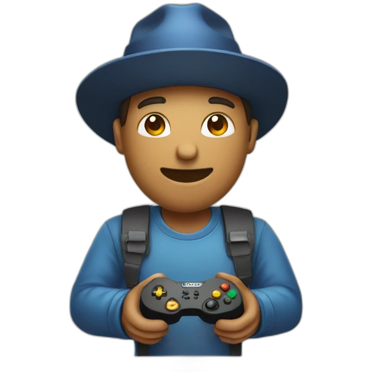 Guy with hat playing video game on beamer emoji