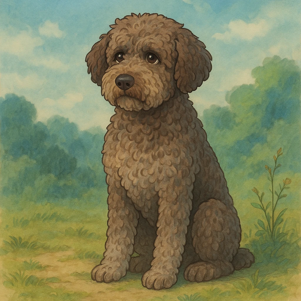 illustration of a roan Lagotto Romagnolo dog, sitting, soft background, ghibli style emoji
