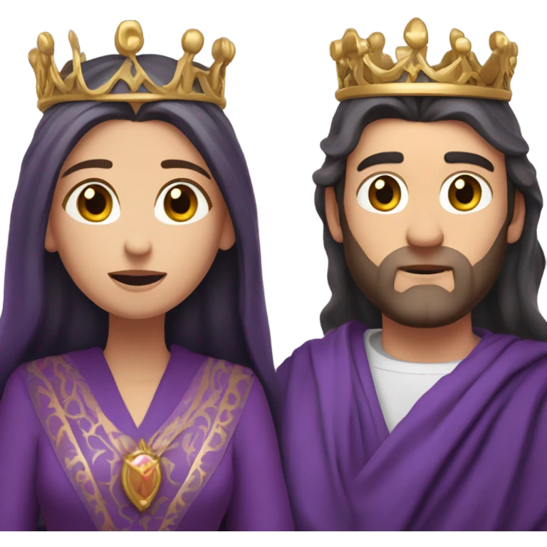 Caucasian long  brunette woman wearing formal royal purple robes and a crown who is pouring her heart out to the man she adores  emoji