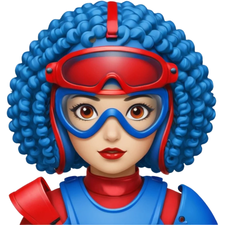 blue curly haired girl with huge earrings wearing red paintball helmet with eye protection, only face  emoji