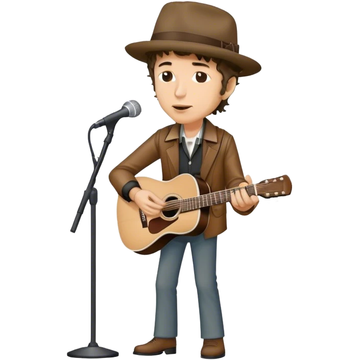Icon for Folk Music: Bob Dylan with his harmonica and acoustic guitar, performing with his band on stage. The atmosphere should be intimate and nostalgic, capturing the soul of folk music with simple instruments and natural vibes. Transparent background. emoji