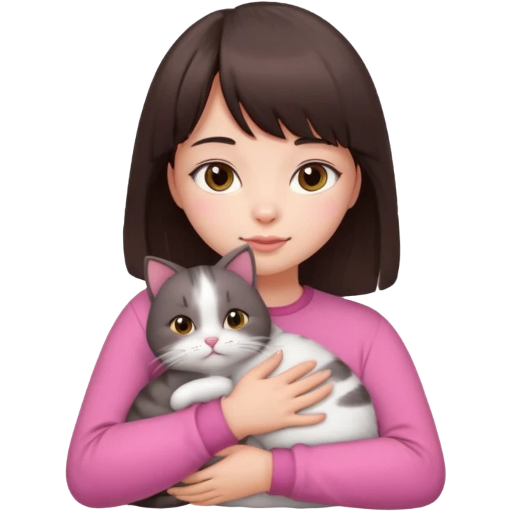 beautiful woman with dark brown straight hair and bangs, brown eyes wear a pink clothes, and white skin hugs a cute chubby cat emoji