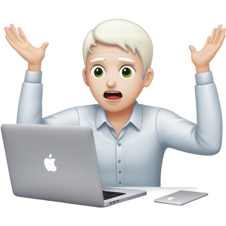 An overwhelmed office worker at a MacBook, eyes wide open, mouth agape, sweat drops flying, hands on head in panic, with white skin emoji