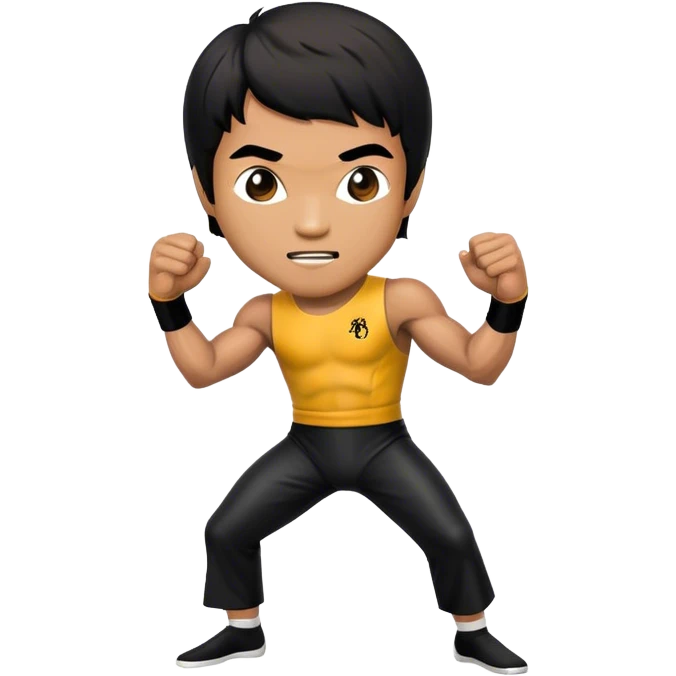 Cinematic Realistic Bruce Lee Pop Culture Emoji, featuring a dynamic portrayal of the legendary martial artist rendered with crisp detail and energetic lighting. emoji