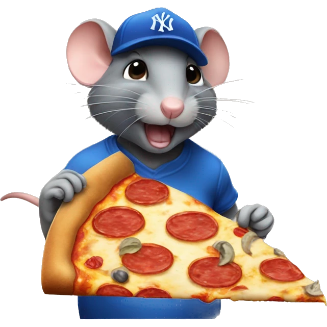 rat wearing blue New York yankee cap while eating a big pizza emoji