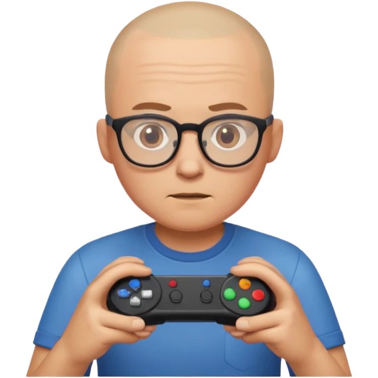 Homme qui joue à la console avec des lunettes et crâne raser emoji
