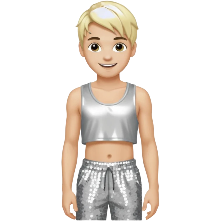 Aaron Carter with blonde hair, silver sequin crop top, silver sequin baggy pants emoji