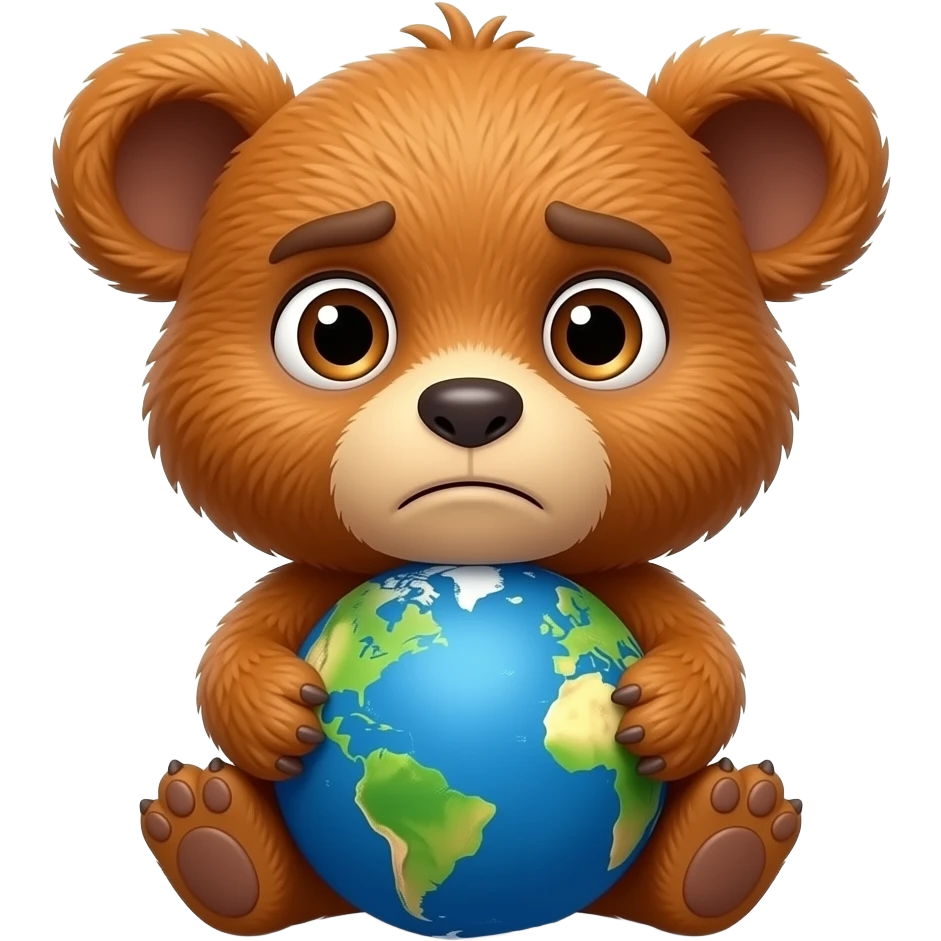 Official Cheburashka character, exact Soviet cartoon style, orange-brown fur, giant round floppy ears on the sides of the head, small bear-like body, serious but kind expression. Hugging a blue globe of the Earth with both arms, paws wrapped around the planet. Vector flat illustration emoji