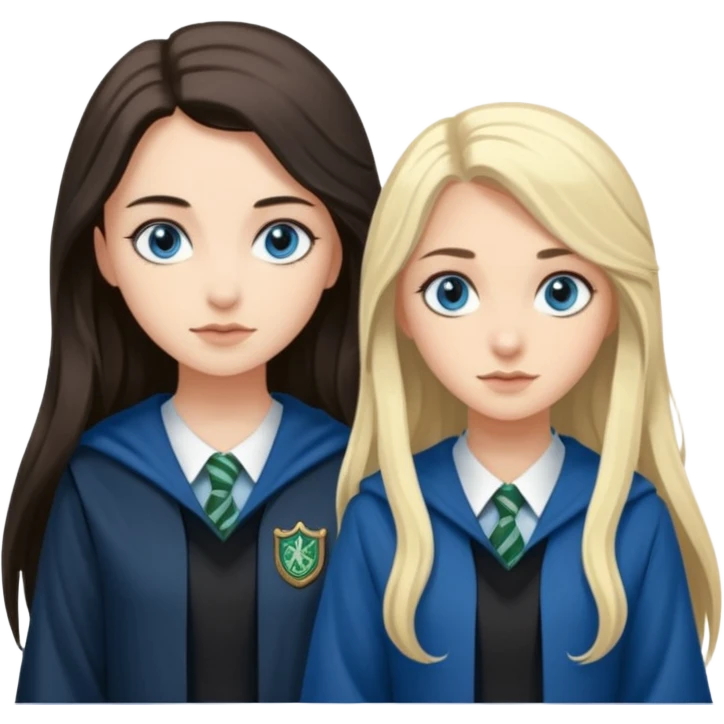 a pretty ravenclaw girl with long dark brown hair and blue eyes standing with a pretty Slytherin girl with long blonde hair, blue eyes emoji