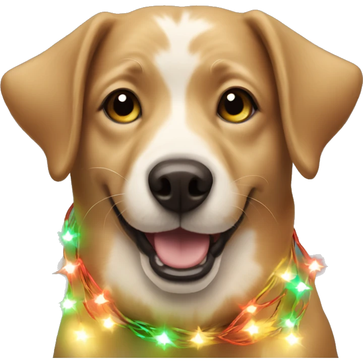 happy dog wrapped in christmas lights emoji