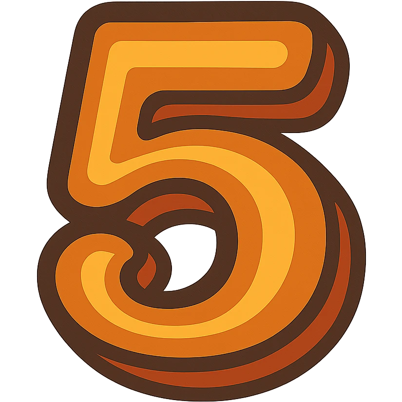 number 5 in retro 70s style, bold, groovy, shades of orange, yellow, brown, and purple emoji