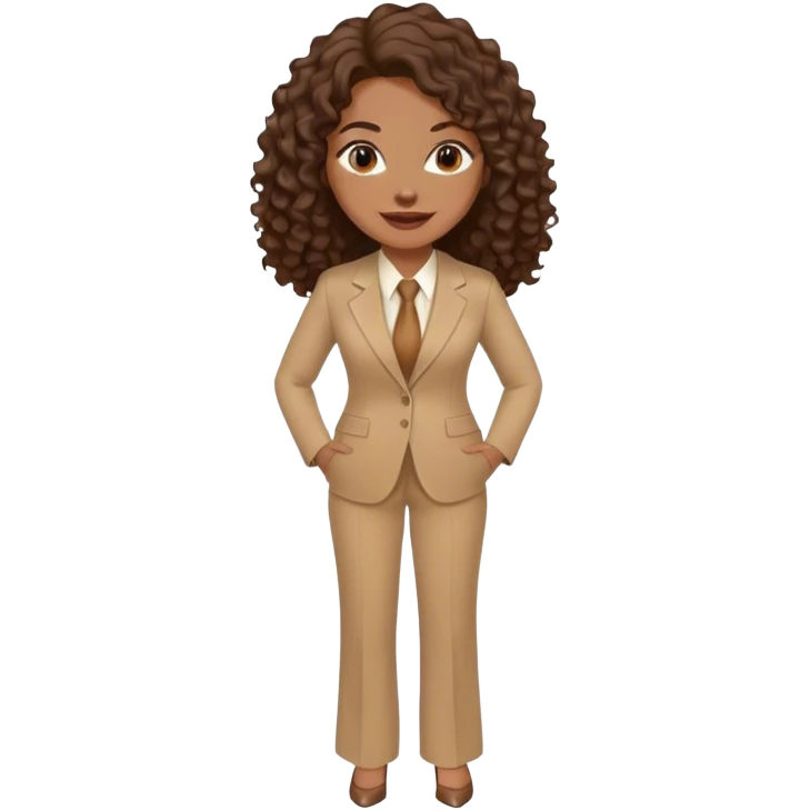 dark brown smiling woman with medium brown long curly hair with middle part and an executive tan pant suit  emoji