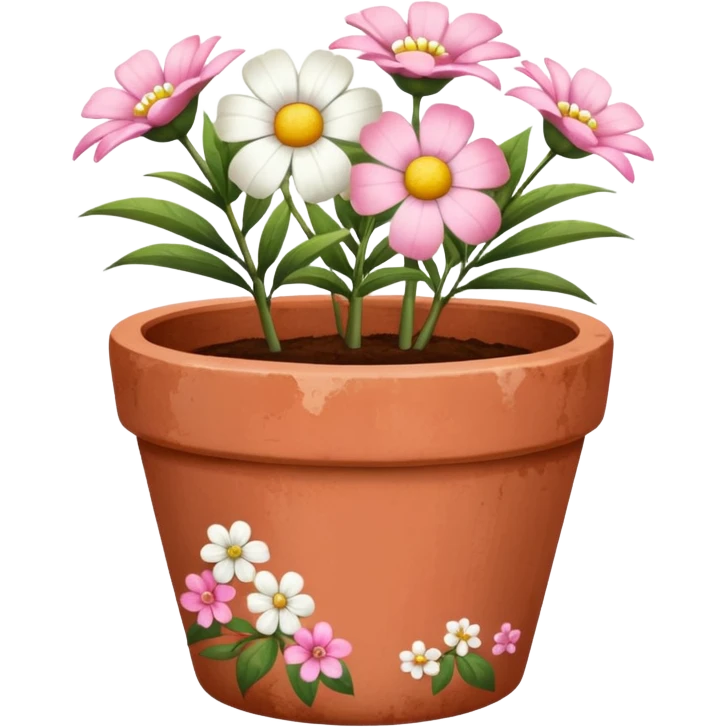plant pot in terra cota with white and pink flowers print painted emoji