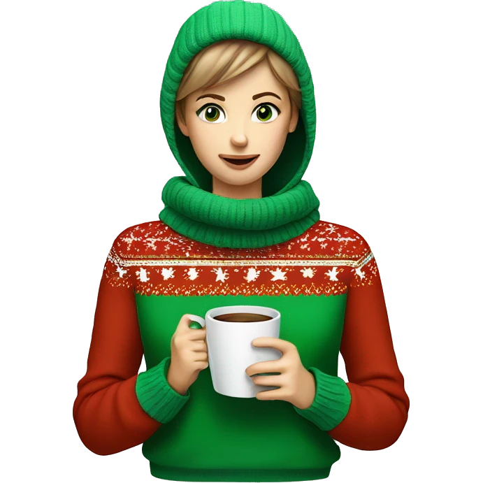 Light brown short haired girl with green eyes drinking coffee wearing blue Christmas sweater emoji