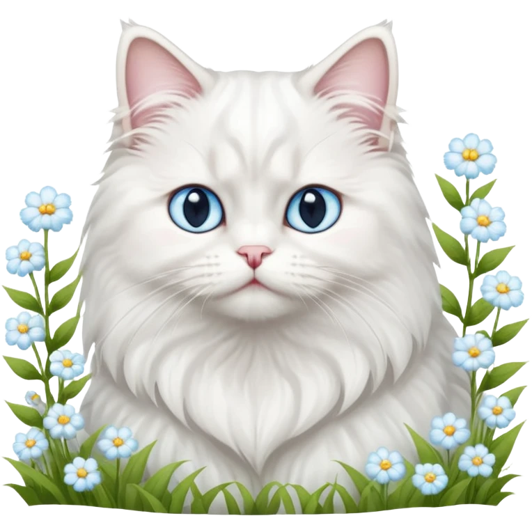 White persian male cat turkish angore with skky blue eyes standing in feed of flowers emoji