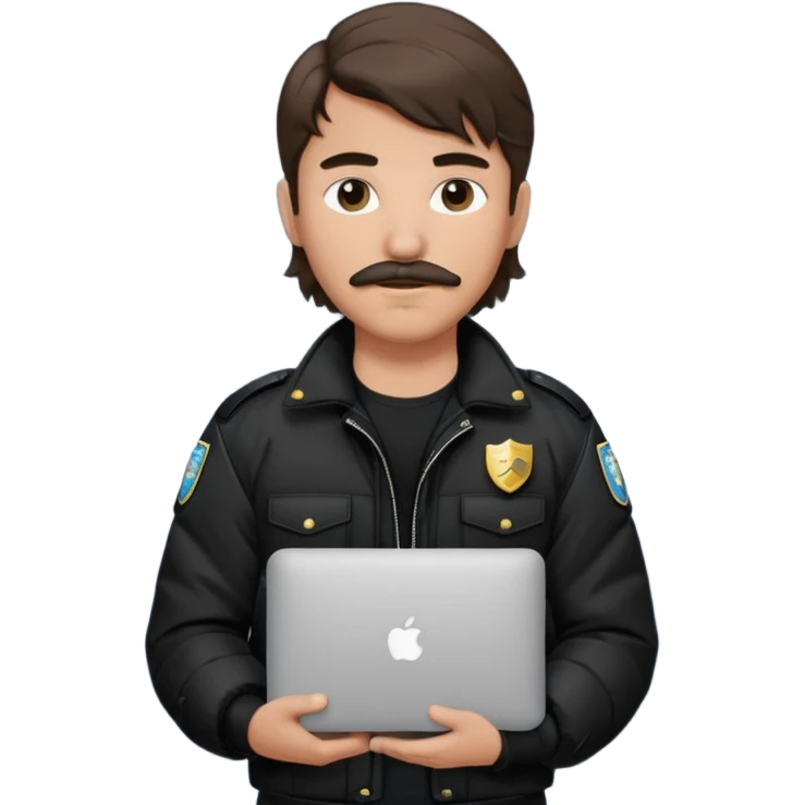 generate an ios genmoji of a 20 year old boy with shoulder length hair and a mullet. cop mustache. carrying a macbook and wearing a puffer jacket emoji