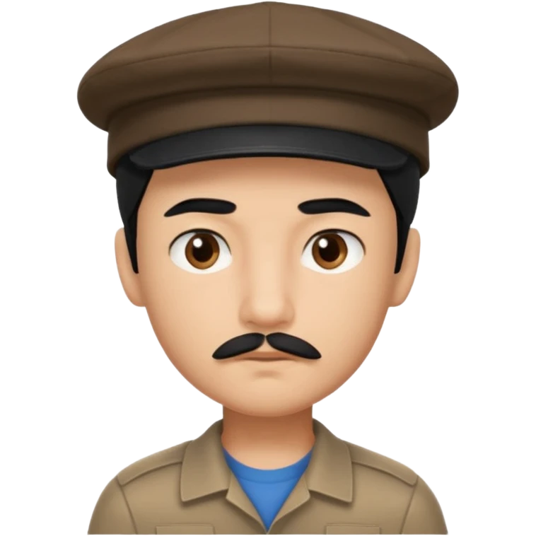 Gere um menino de cabelos preto e boné pro lado com feição séria e bigode fino emoji