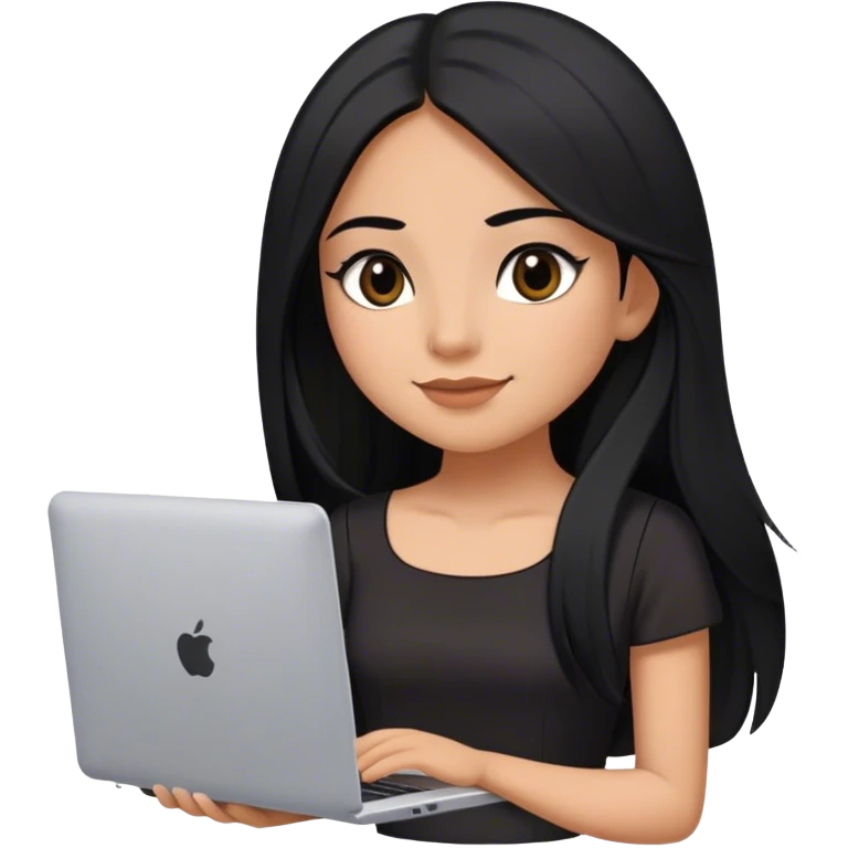beautiful girl, with long straight black hair, with light make up, black eye liner, little smile, mexican, brown skin, with laptop, wearing litlle black dress, she stand up emoji